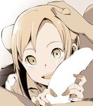  1girl :d blonde_hair blush close-up demi-chan_wa_kataritai double_bun fang hand_on_another's_head handjob hetero open_mouth penis school_uniform sekine_hajime sepia skirt smile solo_focus takanashi_hikari vampire yellow_eyes 