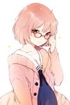  blush bob_cut brown_eyes cardigan glasses kuriyama_mirai kyoukai_no_kanata looking_at_viewer lpip pink_eyes red-framed_eyewear school_uniform short_hair solo 