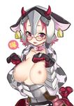  absurdres animal_ears armor bad_id bad_pixiv_id blush breasts breasts_outside cow_ears cow_horns glasses highres horns kikimi large_breasts looking_at_viewer nipples pink_eyes pink_hair rokka_no_yuusha rolonia_manchetta short_hair solo 