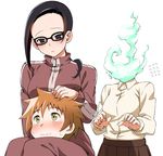  black_eyes black_hair blush brown_hair commentary_request demi-chan_wa_kataritai demon_girl disembodied_head dullahan fire flying_sweatdrops glasses green_eyes green_fire hair_over_shoulder hatakenaka_(kamagabuchi) highres jacket looking_at_another machi_kyouko multiple_girls on_lap pants petting satou_sakie sitting succubus sweat teacher_and_student track_jacket track_pants 