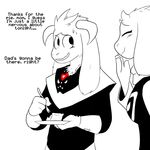  &lt;3 aged_up asriel_dreemurr black_and_white_and_red blush breasts caprine clothing dialogue duo english_text eyes_closed fatz_geronimo_(artist) female food fork goat horn male mammal monster mother mother_and_son nervous parent pie plate robe smile son sweat sweatdrop text toriel undertale what_if 
