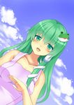  apron blue_sky blush breasts cloud cloudy_sky cookie_(touhou) covered_nipples day dutch_angle frog_hair_ornament green_eyes green_hair hair_ornament highres kochiya_sanae long_hair looking_at_viewer medium_breasts naked_apron open_mouth paseri_(cookie) sky smile snake_hair_ornament solo szk touhou 