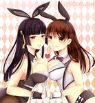  animal_ears bangs black_hair black_legwear blunt_bangs bow bowtie breast_press breasts brown_eyes brown_hair bunny_ears bunny_tail bunnysuit cleavage dead_or_alive dead_or_alive_5 detached_collar fake_animal_ears fishnet_pantyhose fishnets gloves grin hair_ornament hairband highres hime_cut large_breasts lei_fang leotard lips long_hair midriff mirein_(chat) mole mole_under_mouth multiple_girls nyotengu pantyhose purple_eyes smile suspenders symmetrical_docking tail white_gloves wrist_cuffs 