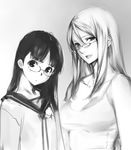  age_difference glasses gradient gradient_background greyscale long_hair looking_at_viewer monochrome multiple_girls original sasaoka_gungu school_uniform serafuku smile white_wings wings 