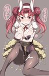  :d animal_ears areola_slip areolae blush breast_hold breasts bunny_ears bunnysuit cleavage coin cum cum_on_body cum_on_breasts cum_on_lower_body cum_on_upper_body detached_collar double_bun earrings extra facial fake_animal_ears granblue_fantasy grey_background grey_legwear hair_intakes hairband highres jewel_resort_bunnygirl jewelry large_breasts long_hair looking_at_viewer money nenemaru open_mouth pantyhose red_eyes red_hair red_ribbon ribbon smile solo sparkle twintails 