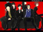  4boys black_hair brown_eyes brown_hair durarara!! formal garnet_green izumii_ran kine_(durarara!!) long_hair multiple_boys multiple_girls necktie niekawa_haruna orihara_izaya red_eyes scarf sharaku_mikage short_hair slon suit sunglasses yagiri_namie 