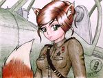  aircraft airplane animal_humanoid brown_eyes brown_hair canine cat_humanoid feline fox fox_humanoid hair hair_bun hero_of_the_soviet_union humanoid invalid_tag kevin_s_rollins lt_aleina_mataiyev mammal medals military order_of_the_red_banner order_of_the_red_star p-40 pilot portrait smile strap uniform warhawk 