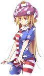  american_flag_dress american_flag_legwear blonde_hair clownpiece fairy_wings hat jester_cap kamukamu_(ars) long_hair looking_away looking_up open_mouth pantyhose pantyhose_pull print_legwear red_eyes shirt short_sleeves simple_background smile solo star striped striped_legwear sweatdrop touhou very_long_hair white_background wings 