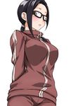  :o arms_behind_back black_eyes black_hair blush breasts covered_nipples demi-chan_wa_kataritai demon_girl fogged_glasses glasses hatakenaka_(kamagabuchi) highres jacket medium_breasts pants ponytail satou_sakie solo succubus track_jacket track_pants 