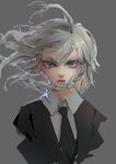  absurdres alternate_costume angry bing_bing blue_eyes braid grey_background highres izayoi_sakuya jacket lips looking_at_viewer necktie no_headwear shirt silver_hair simple_background solo touhou twin_braids upper_body vest 