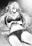  breasts cameltoe cleavage ginnen_no_nanatsuhime_to_nanaka_no_ouji greyscale highres kakao large_breasts long_hair lying monochrome nanakamado_nanaka navel on_back solo sweatdrop two_side_up underwear underwear_only 