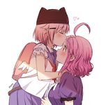  backpack bad_id bad_pixiv_id bag brown_eyes closed_eyes dress forehead_kiss gakkou_gurashi! hair_ornament hairclip hat kiss mery_(apfl0515) multiple_girls pillow_hat pink_hair sakura_megumi school_uniform serafuku short_hair takeya_yuki 