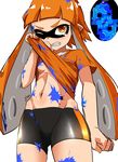  angry artist_name bike_shorts breasts clenched_teeth cowboy_shot dirty fangs grimace inkling long_hair map navel one_eye_closed orange_eyes orange_hair paint_splatter pointy_ears shirt shirt_lift signature single_vertical_stripe small_breasts solo splatoon_(series) splatoon_1 standing t-shirt tearing_up teeth tentacle_hair white_background wiping_face xion_(pulilulu) 