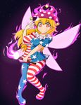  @_@ al_bhed_eyes american_flag_dress american_flag_legwear aura blonde_hair blush breasts clownpiece commentary covered_nipples crazy_eyes fairy_wings fanning_face hat jester_cap large_breasts long_hair manorea night night_sky pantyhose pointy_ears red_eyes sky smile solo striped striped_legwear thighs torch touhou very_long_hair wide-eyed wings 