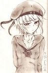  absurdres arm_behind_back blush breasts clothes_writing dress graphite_(medium) hat highres kantai_collection long_sleeves looking_away milia_simohayha military military_uniform monochrome sailor_collar sailor_dress sailor_hat short_hair simple_background small_breasts solo traditional_media twitter_username uniform upper_body z3_max_schultz_(kantai_collection) 