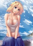  alice_margatroid alternate_costume areola_slip areolae blonde_hair blue_eyes blue_sky breasts casual cleavage cloud covered_nipples crop_top day earrings hair_ornament hairband hater_(hatater) head_tilt highres jewelry large_breasts long_skirt looking_at_viewer midriff navel no_bra non-web_source ocean open_mouth short_hair sitting skirt sky sleeveless smile solo touhou 