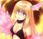  1girl blonde_hair blue_eyes blush breasts duel_monster feathers female hairband harpie_girl harpy komimiyako long_hair monster_girl nipples no_bra scared sweat wings yu-gi-oh! 