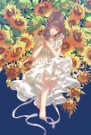  barefoot blue_background braid brown_hair closed_eyes dress flower hair_ornament hands_on_own_chest hands_together long_hair mole mole_under_eye original parted_lips pood1e ribbon single_braid solo sunflower white_dress 