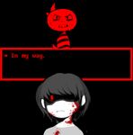  ambiguous_gender black_and_white_and_red black_hair blood blood_splatter creepy duo english_text frown hair human imminent_death mammal modeseven monster monster_kid open_mouth protagonist_(undertale) red_eyes sweat text undertale 
