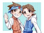  brothers brown_eyes brown_hair clenched_hand grin hand_on_another's_shoulder haruka_(sunkitty) headband hikari_netto hikari_saito hood hoodie male_focus multiple_boys rockman rockman_exe siblings smile upper_body vest 