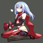  blue_hair blush breath commentary_request dungeon_travelers_2 elbow_gloves gloves headwear_removed helmet helmet_removed highres inubou ninja open_mouth red_eyes sandals scarf shin_guards sitting solo string_panties tabi thighhighs tsurara_(dungeon_travelers_2) wariza 