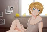  blue_eyes breasts character_request copyright_request highres ichigo_milku medicine_bottle messy_hair photo_(object) pill polaroid short_hair small_breasts solo strap_slip window 