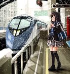  absurdres bag black_legwear blue_eyes brown_hair building city coat display ground_vehicle highres kirimatsu pleated_skirt railing scarf school_uniform shoes skirt snow snowflakes solo thighhighs train train_station winter winter_clothes yahari_ore_no_seishun_lovecome_wa_machigatteiru. yukinoshita_yukino zettai_ryouiki 