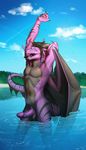  2015 balls black_hair claws dragon drakardaentaris erection eyes_closed hair horn kyander male muscular nude open_mouth partially_submerged penis purple_penis solo stretching water wings yawn 