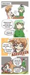  4koma =3 anger_vein bandages blood brown_eyes brown_hair comic csi_miami dress ghost_tail green_dress green_eyes green_hair hat head_bump indonesian japanese_clothes kapiten70 meme multiple_girls open_mouth short_hair shoujo_kitou-chuu sleeveless smile soga_no_tojiko sunglasses tate_eboshi touhou toyosatomimi_no_miko translated 