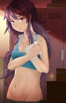  bandages breasts cleavage clover four-leaf_clover groin highres ichigo_milku katawa_shoujo locker long_hair messy_hair midriff miura_miki navel purple_eyes purple_hair sketch small_breasts solo sports_bra 