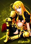  ahoge asymmetrical_clothes blonde_hair breasts character_name commentary_request fate/stay_night fate_(series) genderswap gilgamesh gloom_(expression) gold_trim hand_on_own_knee highres long_hair looking_down midriff navel oto_(gdgd-scarlet) partially_visible_vulva red_eyes sitting solo spread_legs tattoo underboob 