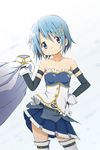  armband bare_shoulders blue_eyes blue_hair cape cape_removed collarbone gloves highres kinfuji mahou_shoujo_madoka_magica mahou_shoujo_madoka_magica_movie miki_sayaka short_hair smile solo thighhighs zettai_ryouiki 