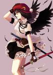  bad_id bad_nicoseiga_id badge bag black_hair black_wings brown_gloves cibo_(killy) feathers frilled_skirt frills gloves leaf miniskirt parted_lips petticoat red_eyes scabbard shameimaru_aya sheath shirt short_sleeves simple_background skirt solo sword teeth touhou weapon white_shirt wings 