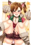  animal_ears ass bad_id bad_pixiv_id blush breasts brown_eyes brown_hair character_name cleavage collar collarbone commentary_request dog_ears dog_tail ear_piercing fang futami_mami gloves idolmaster idolmaster_(classic) inu_(marukome) kemonomimi_mode knees_together_feet_apart medium_breasts open_mouth panties paw_gloves paw_pose paws piercing ponytail shirt shorts shorts_pull sitting smile solo star striped striped_panties tail underwear 