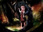  bad_id bad_pixiv_id barefoot bun_cover chain cuffs double_bun dragon dyolf forest ibaraki_kasen looking_at_viewer nature pink_eyes pink_hair pond shackles shirt skirt solo table touhou 