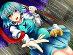  blue_hair commentary_request error fukunaga_kazuhiro heterochromia highres juliet_sleeves karakasa_obake long_sleeves looking_at_viewer open_mouth outstretched_hand puffy_sleeves rain shirt skirt smile solo tatara_kogasa touhou umbrella vest 