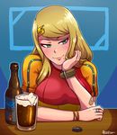  adapted_costume akairiot alcohol bandaid bandaid_on_arm bangs beer blonde_hair blue_eyes blush bottle bottle_cap bracelet breasts casual chin_rest full-face_blush glass hair_ornament hairclip highres jewelry large_breasts light_smile lips long_hair metroid mole mole_under_mouth revision ring samus_aran solo 