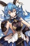  1girl animal_ears aqua_hair bare_shoulders breasts dress earrings ferry_(granblue_fantasy) gloves granblue_fantasy grey_background hand_on_hip hankuri jewelry long_hair open_mouth sideboob simple_background solo wavy_hair yellow_eyes 