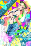  bad_id bad_pixiv_id black_hair blue_eyes braid chromatic_aberration cuffs double_bun full_body green_hair green_lipstick groin halter_top halterneck handcuffs highres jojo_no_kimyou_na_bouken kuujou_jolyne lipstick makeup midriff miturousoku multicolored_hair navel_piercing no_panties paint_splatter piercing solo star stone_ocean tattoo two-tone_hair 