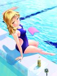  arm_support barefoot blonde_hair bottle competition_swimsuit highres kickboard legs long_hair looking_back one-piece_swimsuit original pool poolside shadow sitting solo swimsuit water water_bottle yellow_eyes 