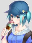  adapted_costume alternate_costume backpack bag blue_eyes blue_hair blush double_scoop dress_shirt eating food green_hair grey_background hair_bobbles hair_ornament hat highres hood hoodie ice_cream ice_cream_cone jewelry kawashiro_nitori key key_necklace looking_at_viewer necklace shirt short_hair short_sleeves simple_background solo tauta_(meshia8787) tongue tongue_out touhou two_side_up yellow_shirt 