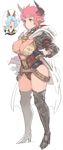  animal_ears breasts cleavage cow_ears cow_horns dagger drang_(granblue_fantasy) draph earrings erune granblue_fantasy highres horns jewelry large_breasts red_hair shoohee short_hair sturm_(granblue_fantasy) weapon white_background 