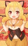  animal_ears bat blonde_hair blush bow breasts bustier cat_ears cat_tail fang gloves hair_ribbon halloween halloween_costume highres jack-o'-lantern kemonomimi_mode navel open_mouth paw_gloves paws puffy_shorts red_eyes ribbon rumia shiron_(e1na1e2lu2ne3ru3) shorts small_breasts smile solo tail tail_bow touhou 
