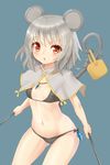  animal_ears basket bikini black_bikini breasts capelet covered_nipples dowsing_rod gem grey_hair highres jewelry looking_at_viewer mouse mouse_ears mouse_tail navel nazrin necklace open_mouth pendant red_eyes shiron_(e1na1e2lu2ne3ru3) small_breasts solo swimsuit tail touhou 