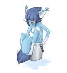  2011 anthro blue_fur blue_hair blush breasts bucket cumeoart female fur gloves_(marking) hair hair_over_eyes markings nipples nude open_mouth simple_background socks_(marking) solo stuck sweat unknown_species water white_background white_fur 