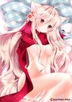  animal_ears bad_id bad_pixiv_id blonde_hair blush breasts brown_eyes fox_ears fox_tail hair_censor large_breasts long_hair looking_at_viewer lying naked_scarf nanase_kureha nanase_nao on_side original pillow scarf solo sweater tail v_arms very_long_hair 