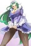  alternate_costume blush bow breasts commentary_request embarrassed enmaided green_hair hair_intakes large_breasts maid maid_headdress mima panties panties_under_pantyhose pantyhose skirt skirt_tug solo touhou touhou_(pc-98) underwear yohane 
