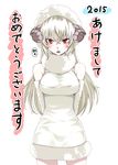  animal_costume animal_ears arms_behind_back blonde_hair breasts detached_sleeves dress horns looking_at_viewer medium_breasts open_mouth original red_eyes sheep_costume sheep_ears sheep_horns simon_(n.s_craft) solo standing white_dress 