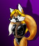  agent arms_tied bdsm blonde_hair bondage bound canine crossed_arms female fox green_eyes hair looking_at_viewer mammal muzzle_(object) muzzled nipple_bumps purple_background rubber rubber_suit simple_background smile solo straitjacket tape zipper 
