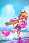  bike_shorts blonde_hair blue_eyes cloud cloudy_sky crossover day fang hair_ribbon highres medicine_melancholy paint_splatter pointy_ears ribbon running shoes short_hair short_sleeves sky sneakers solo splatoon_(series) splatoon_1 squid su-san tank_(container) touhou water_gun wristband yst 